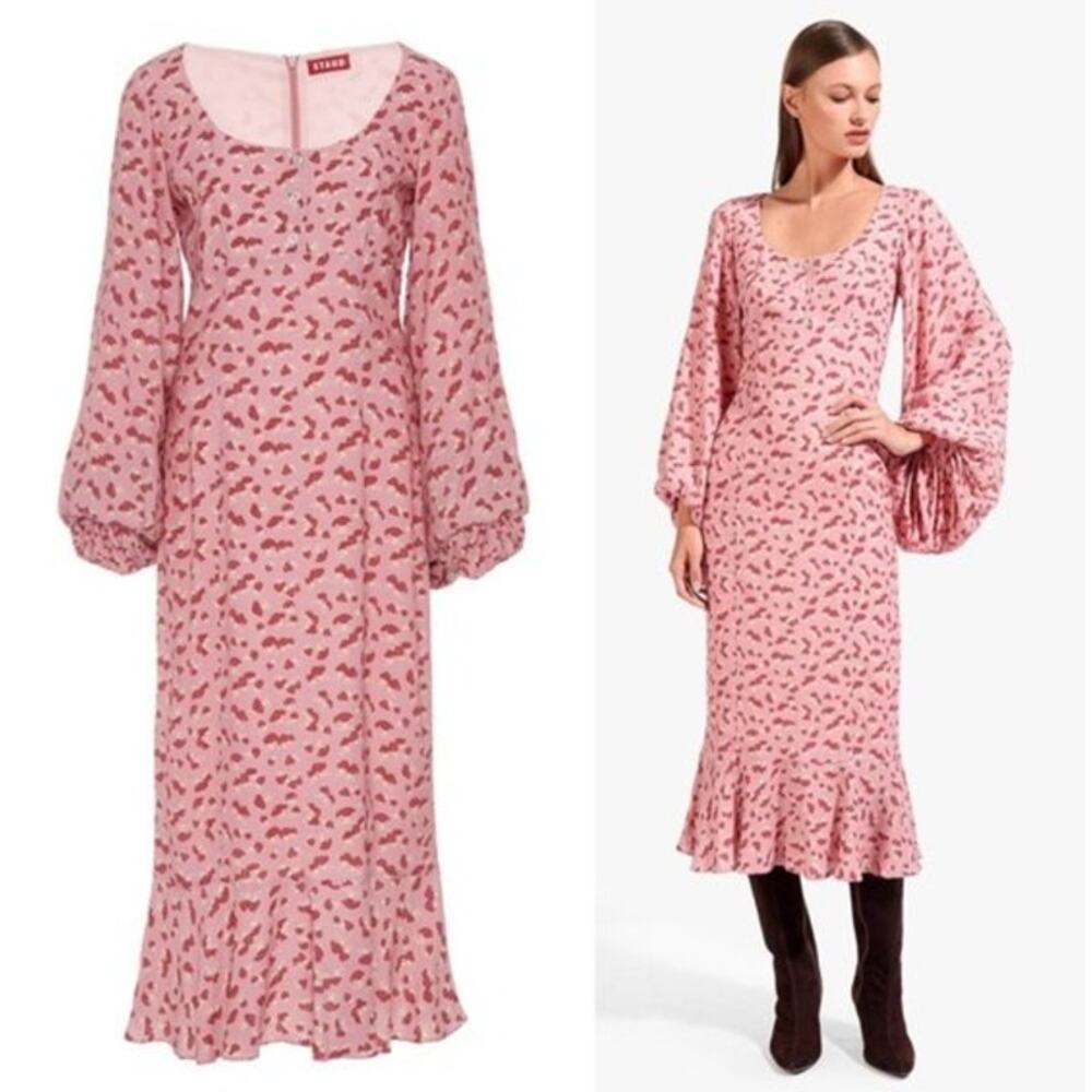 STAUD Lara Mushroom Print Midi Dress Scoop Neck Balloon Sleeve Ruffle Novelty - Picture 2 of 14